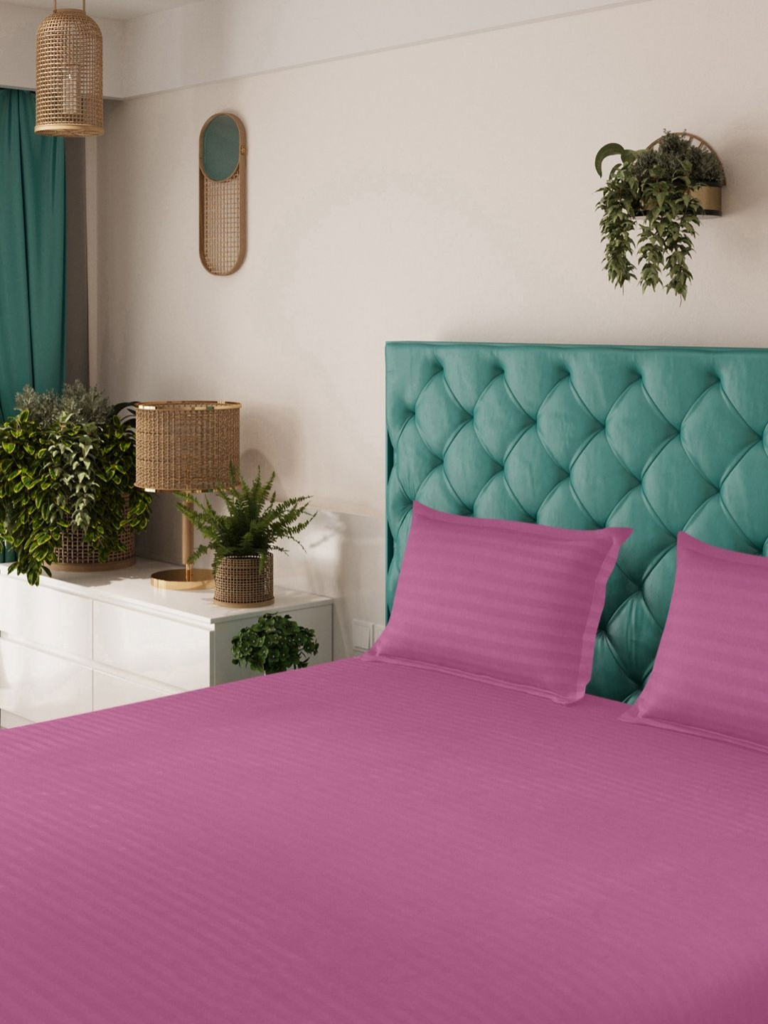 Status Pink Striped Microfiber 144 TC Fitted King Bedsheet with 2 Pillow Covers-130 x 87 inches