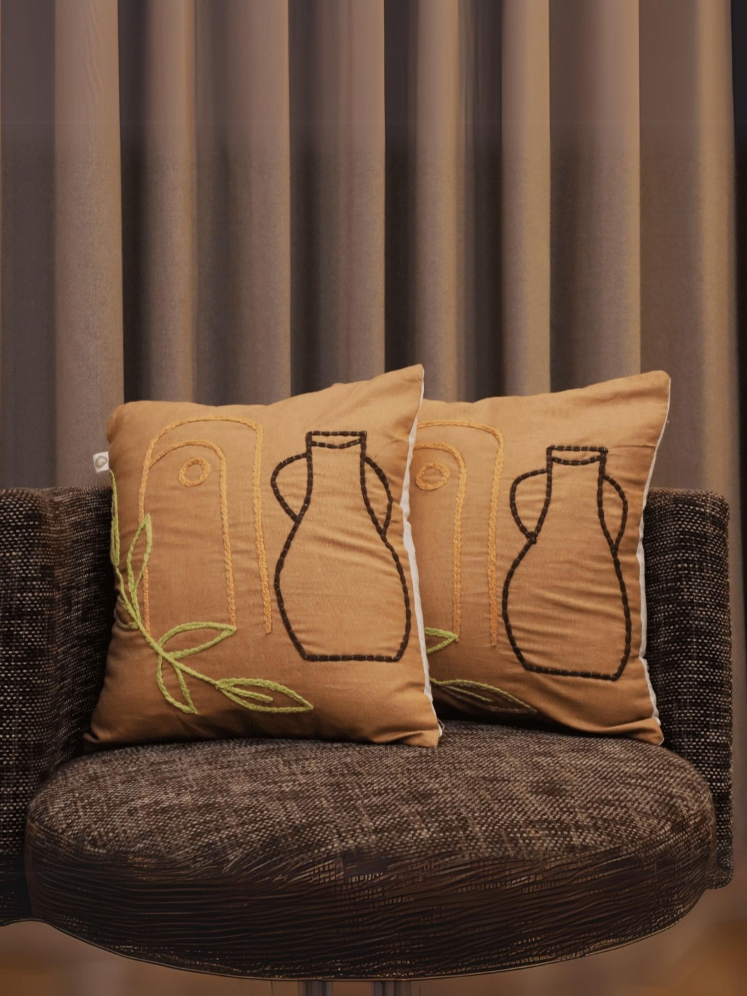 LUSHLYF Brown & Green 2 Pieces Boho Pottery Embroidered Tufted Cushion Cover