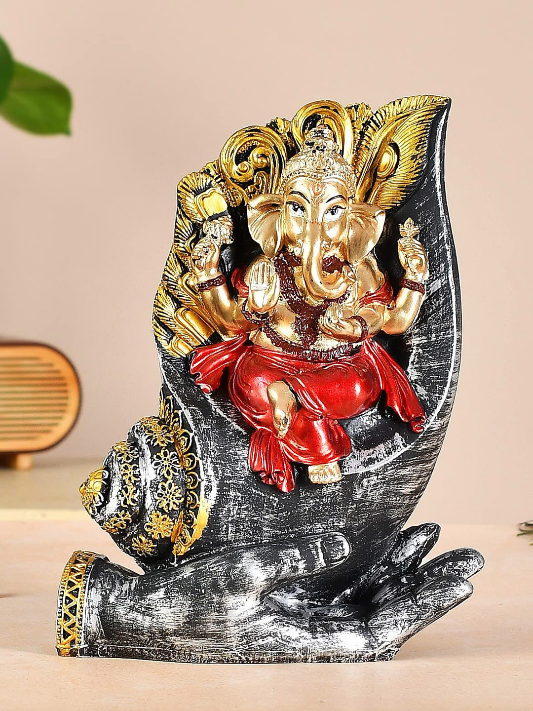 CRAFTAM Red and Grey Lord Ganesha on Shank Palm Religious Idol Showpiece