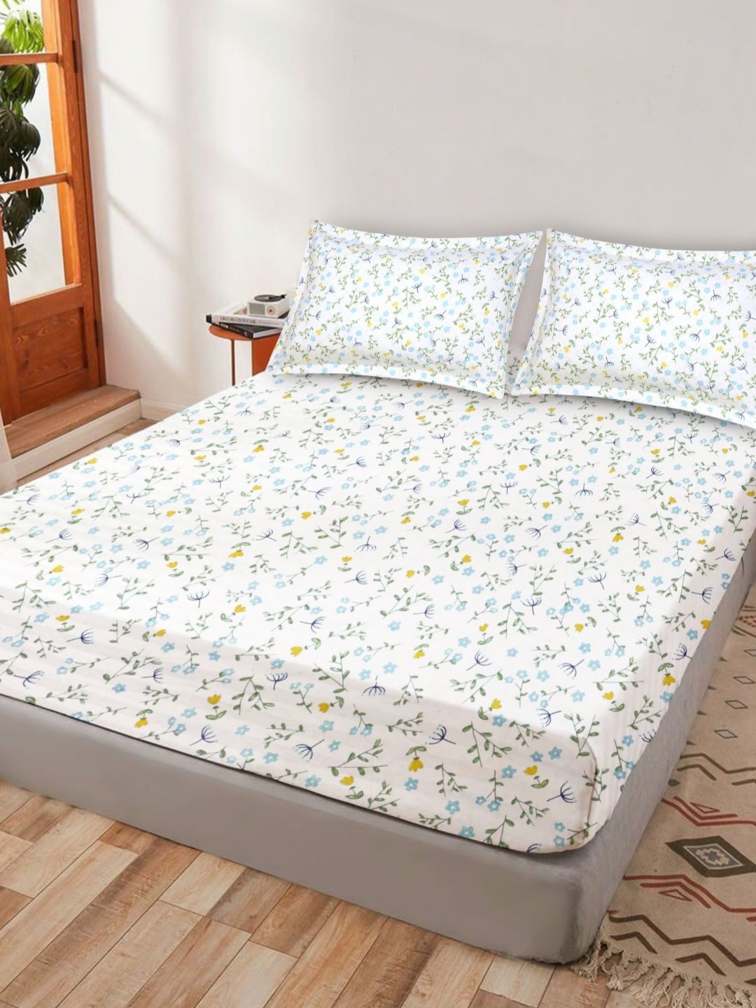 Crest Innovative Lives Tangier White Floral Cotton 300 TC King Fine Bedsheet with 2 Pillow Covers-98 x 89 inches