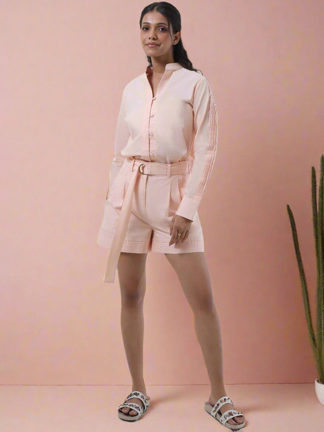 YA-SA Cotton blend Mandarin Collar Shirt With Shorts