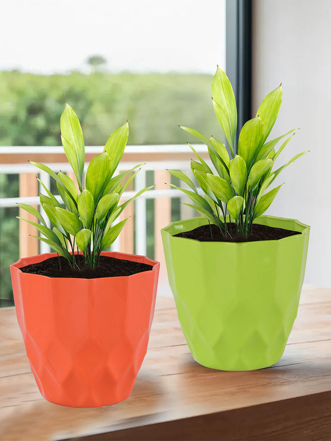 Kuber Industries Orange Colored & Green 4 Pieces Barfi Textured Durable Planters