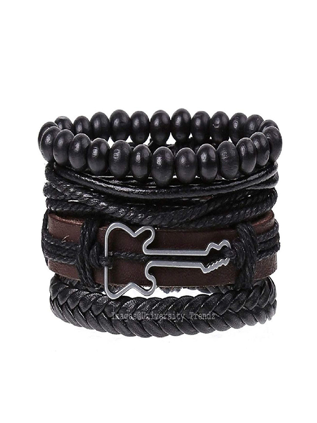 The Roadster Lifestyle Co. Men Multistrand Beaded Guitar Design Leather Bracelet