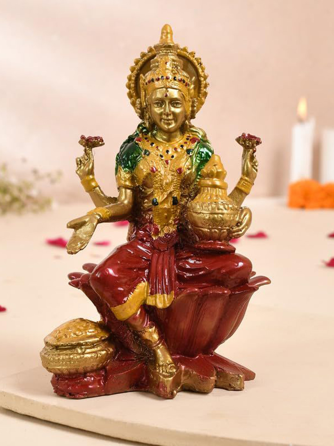 CRAFTAM Red and Gold-Toned Laxmi ji Murti Religious Idol Showpiece