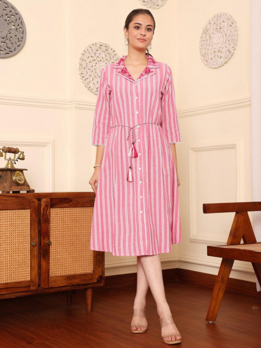 ANUSHEET Striped Denim Shirt Dress