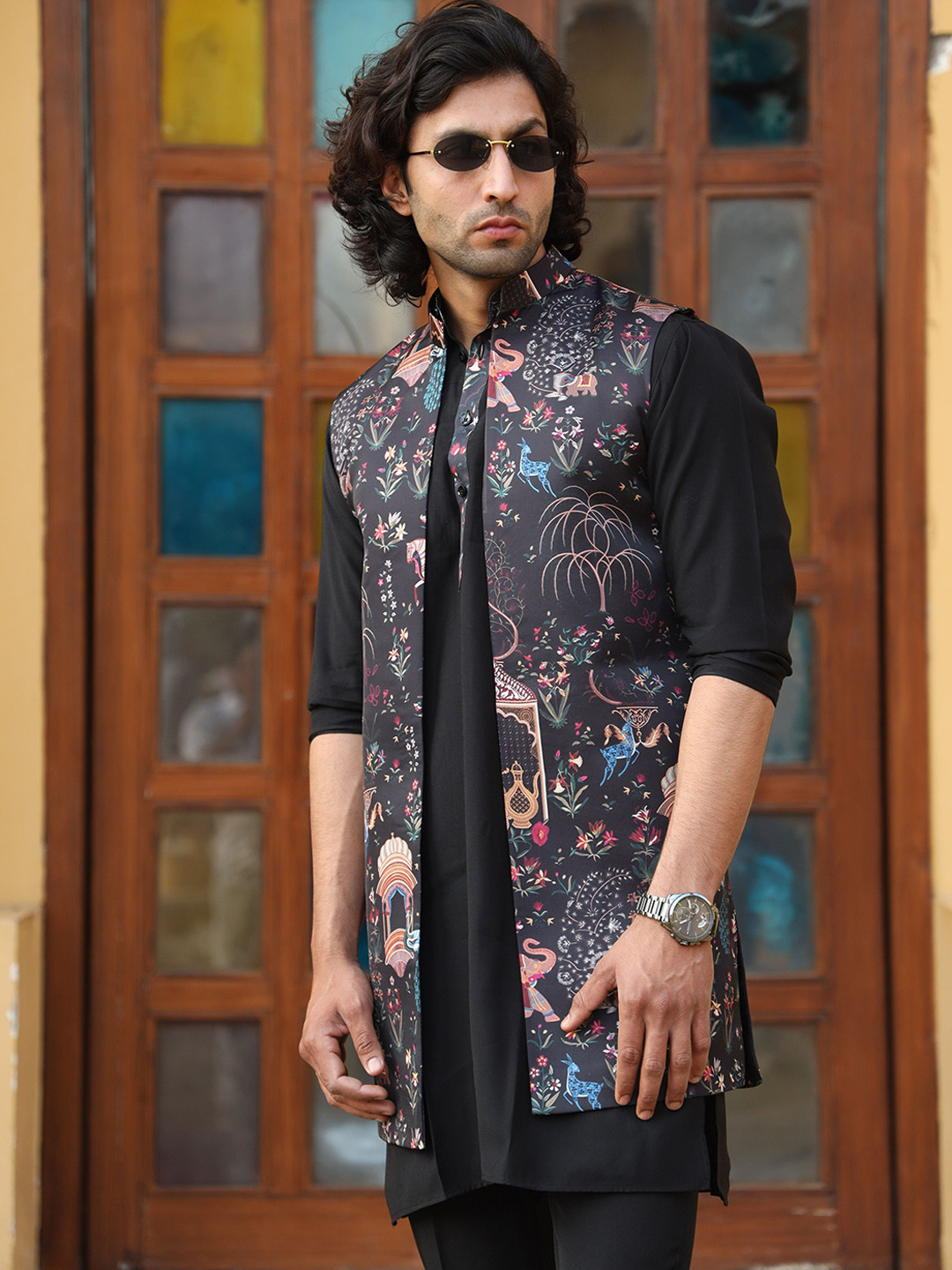 The Kurta Studio Floral Printed Band Collar Straight Kurta With Pyjamas & Long  Jacket