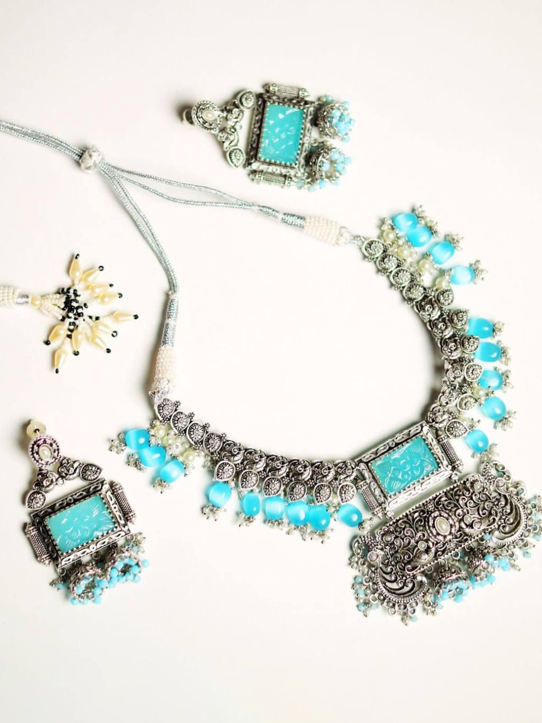 ADC SHEMONA Silver-Plated Artificial Beads Beaded Oxidised Necklace And Earrings