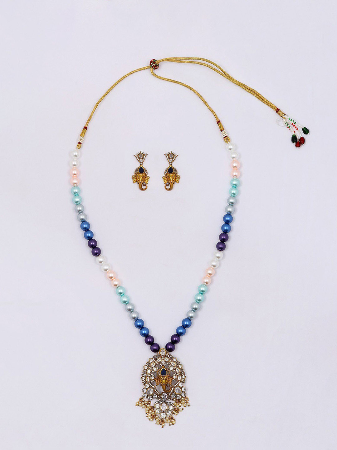 Exotic India Multicolor Pearl Strand Lord Ganesha Face Necklace Set With Earrings