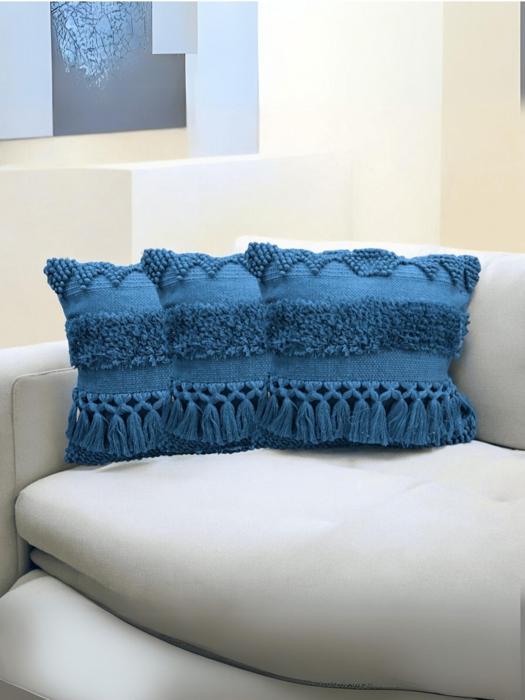LUSHLYF Azure Bliss Blue Self Design Cotton 3 Pcs Textured Square Cushion Covers -18x18In