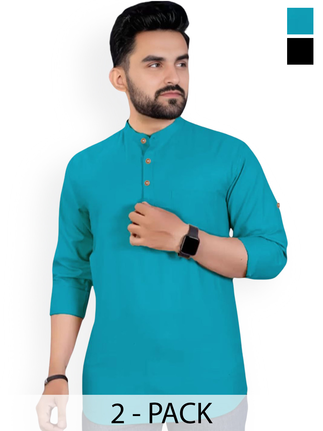 Vida Loca Pack Of 2 Band Collar Roll-Up Sleeves Cotton Straight Short Kurtas