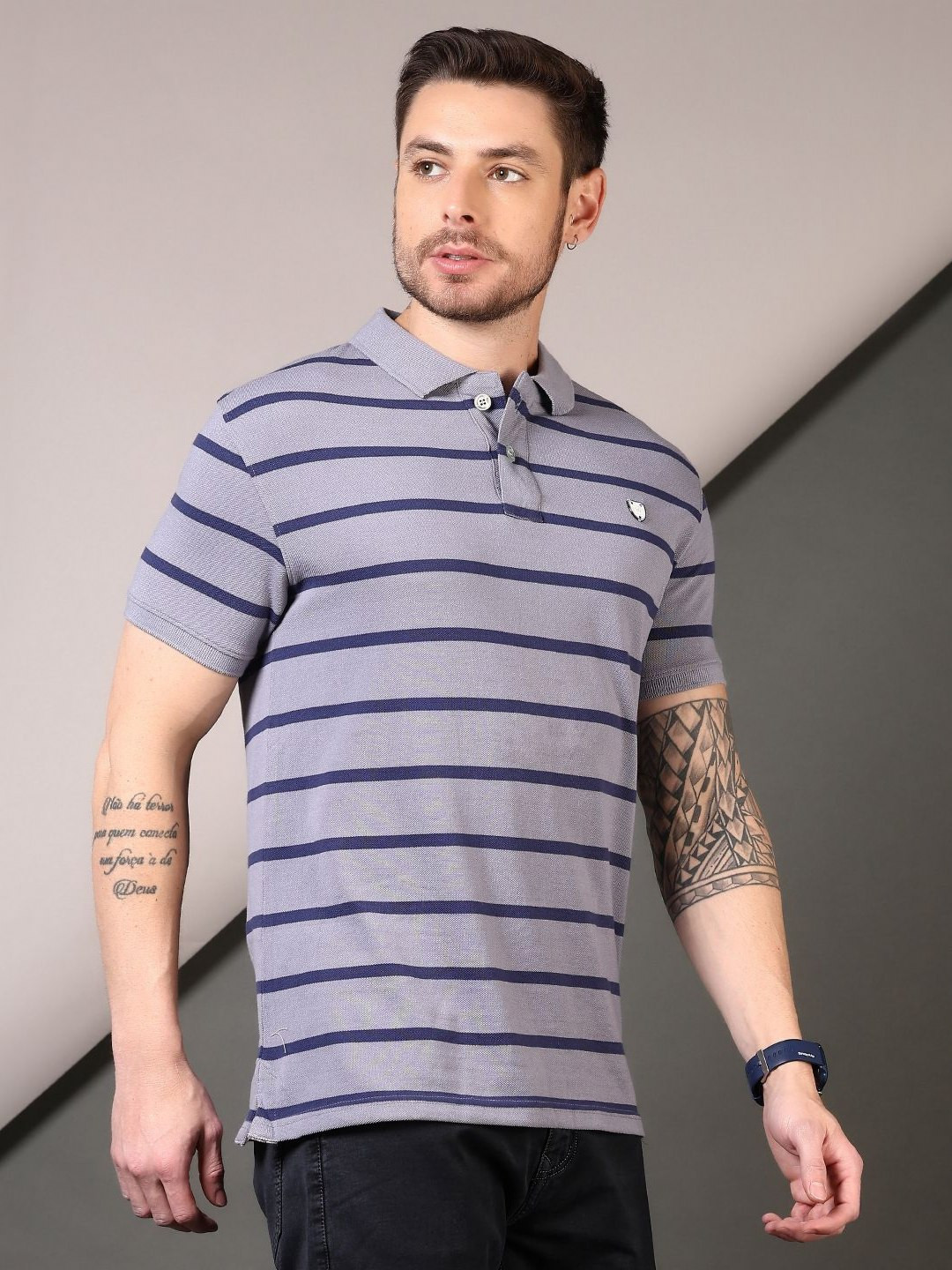 V-Mart Men Striped Polo Collar Cotton T-shirt