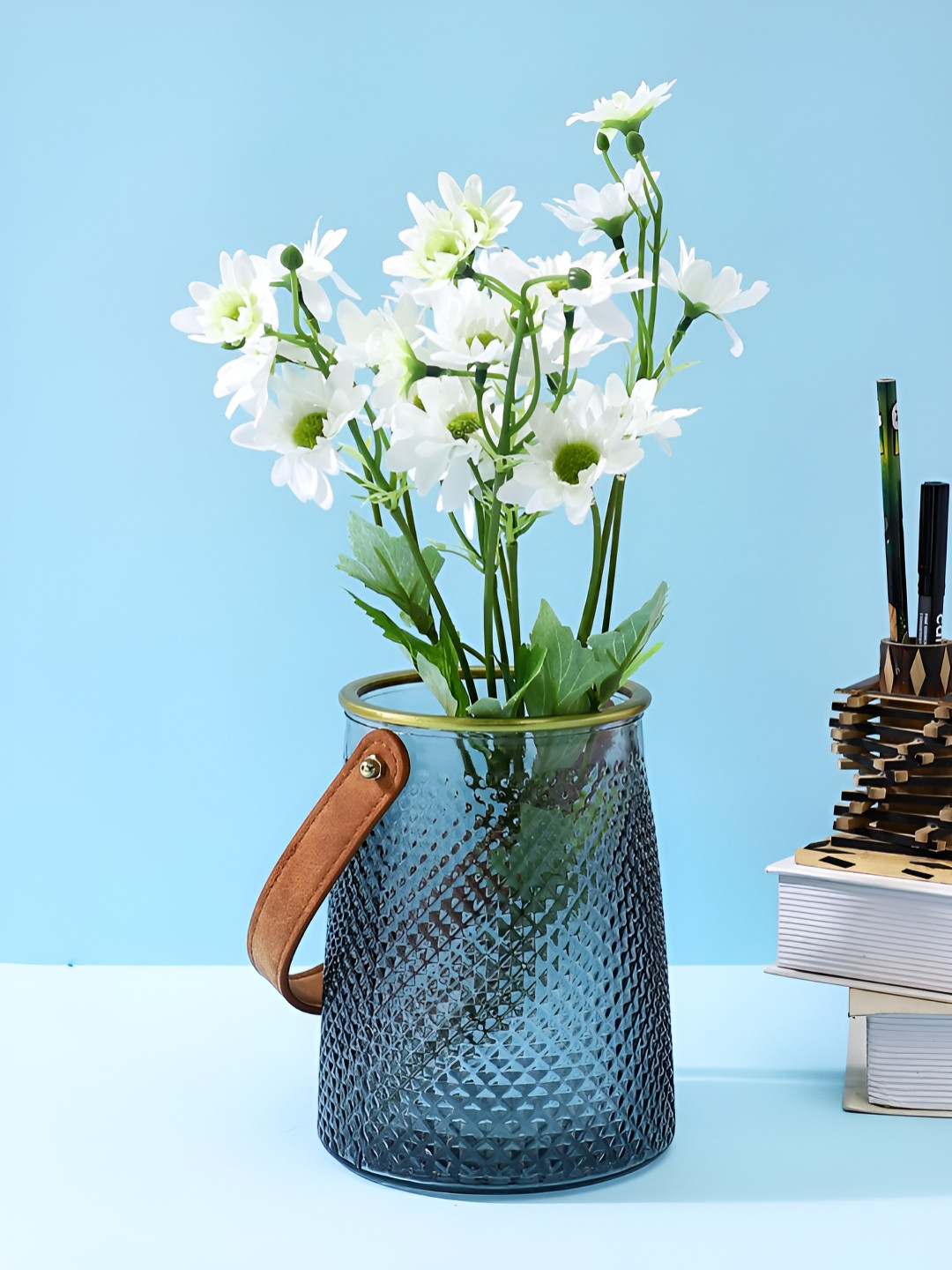 TAYHAA White & Green 2 Pieces Daisy Charm Stems Artificial Flower