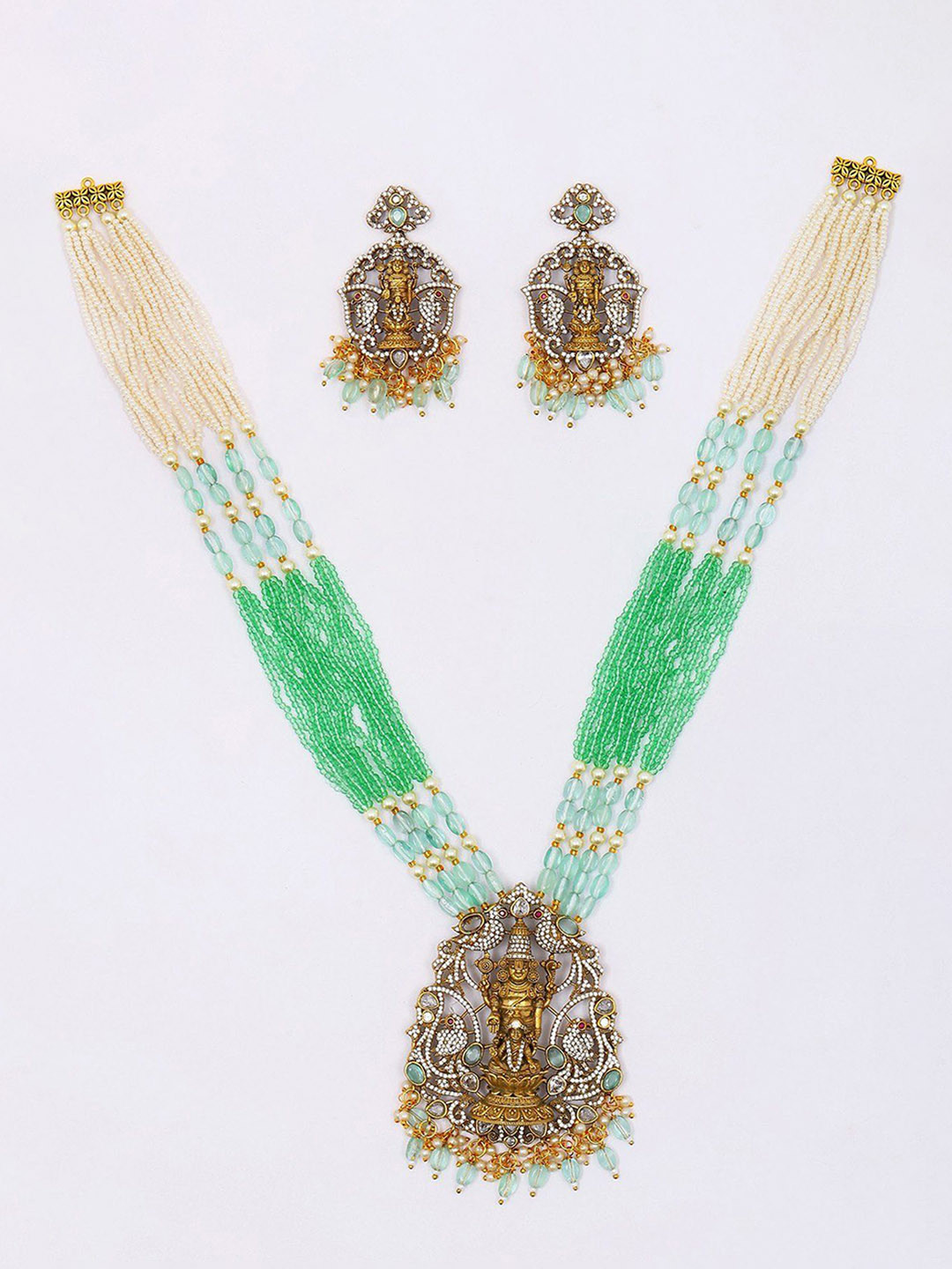 Exotic India Beaded-Stone Lord Venkateshvara with Devi Lakshmi Necklace and Earrings Set