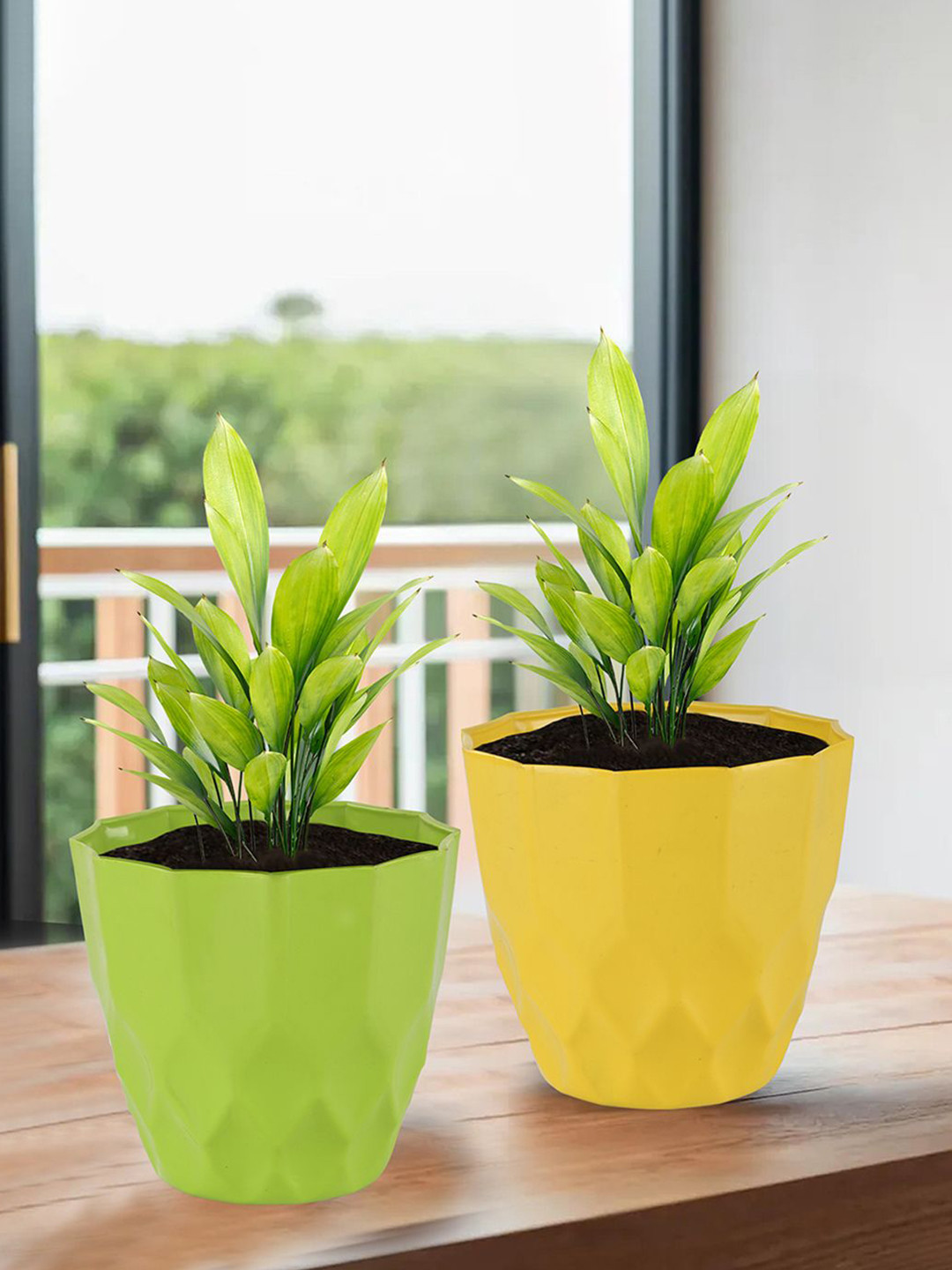 Kuber Industries Yellow & Green 6 Pieces Barfi Pattern Flower Pots for Garden