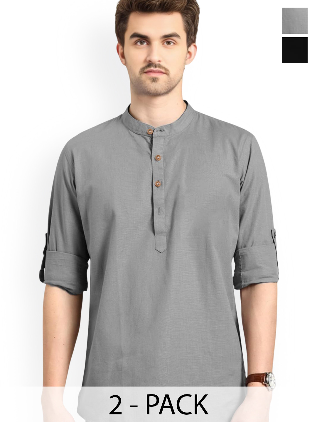 Vida Loca Pack Of 2 Band Collar Roll-Up Sleeves Cotton Straight Short Kurtas