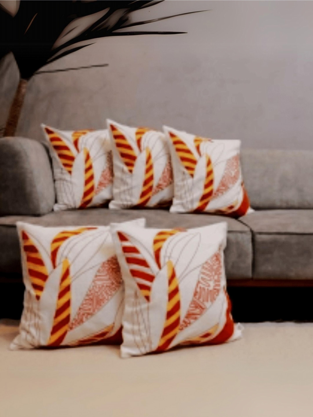 LUSHLYF White 5 Pieces Embroidered Textured Tropical Leaf Cotton Square Cushion Covers