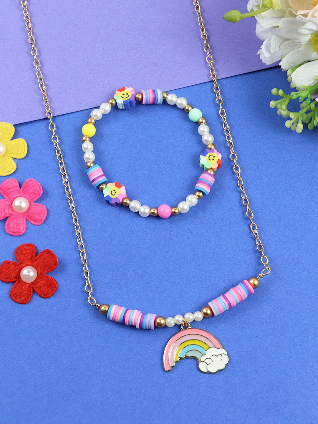 Asthetika Kids Girls Rainbow Charm Artificial Beaded Necklace & Bracelet