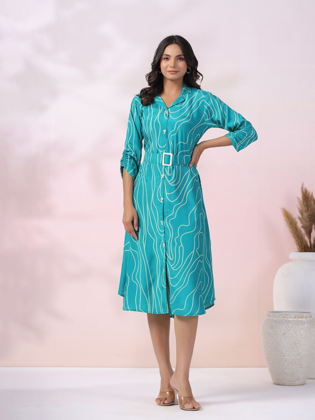 JISORA Women Blue Printed Russian Silk Shirt Dress