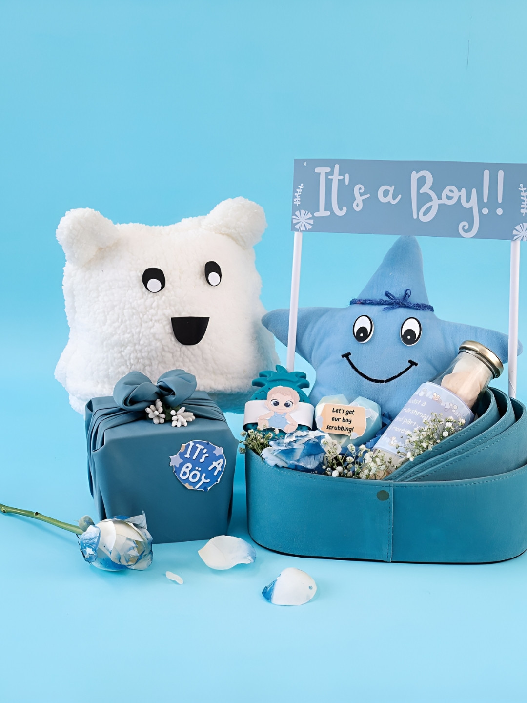 Giftcarnation Blue & White 7 Pieces New Born Baby Boy Gift Set