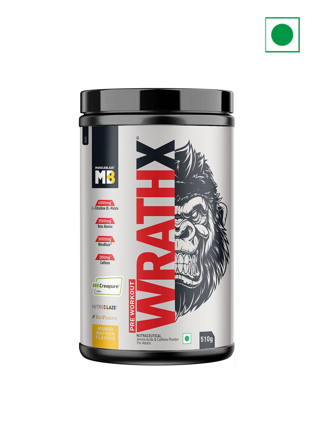 MuscleBlaze Pre Workout Mango Mayhem WrathX with Creapure Nitroblaze & BioPerine - 510 g