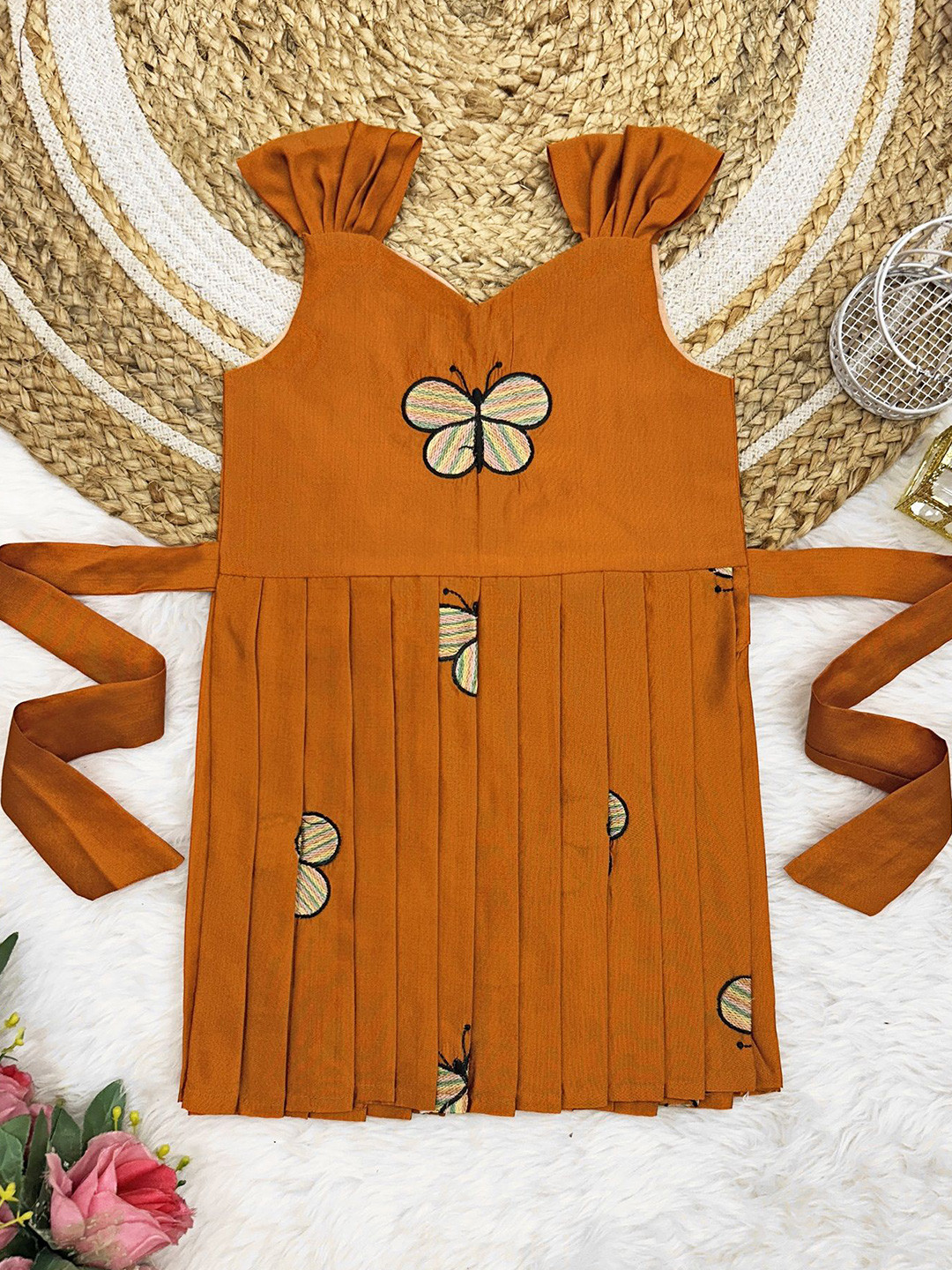 FELIZ THE DESIGNER STUDIO Girls Butterfly Embroidered Flutter Sleeves A-Line Dress