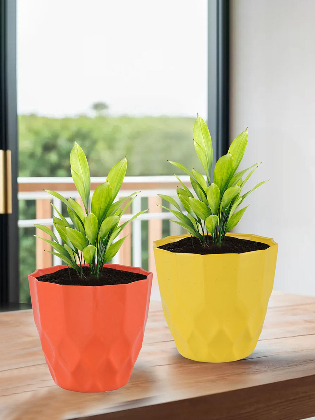 Kuber Industries Yellow & Orange-Coloured 4 Pieces Barfi Pattern Flower Pots for Garden