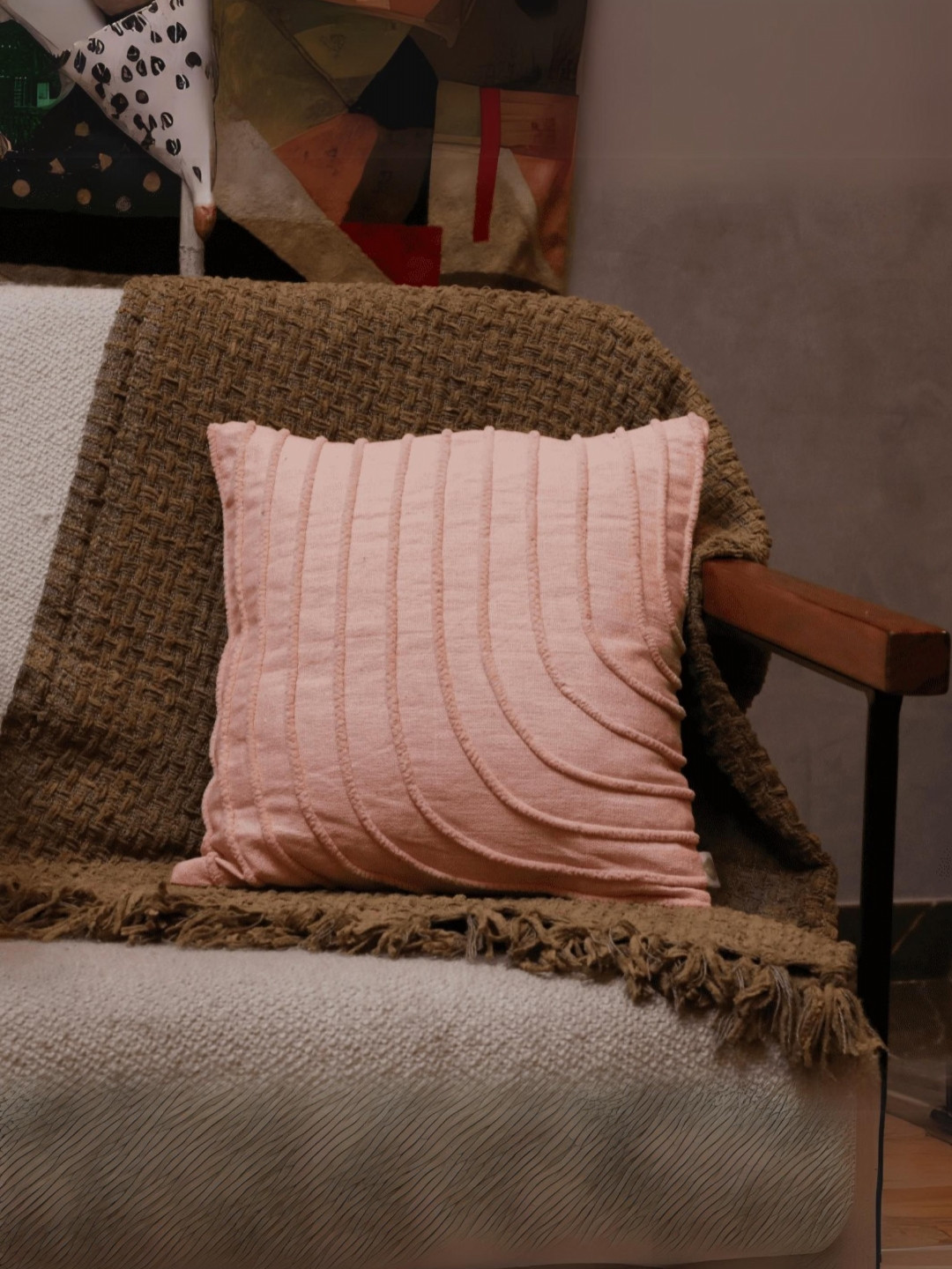 LUSHLYF Blush Wave Tufted Peach Geometric Embroidered Cotton Square Cushion Cover