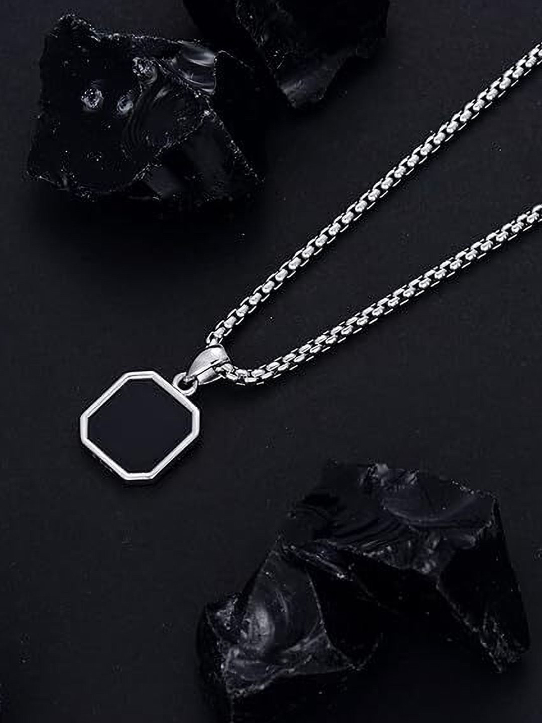 shobhram Men Stainless Steel Rhodium-Plated Square Shaped Pendant With Chain