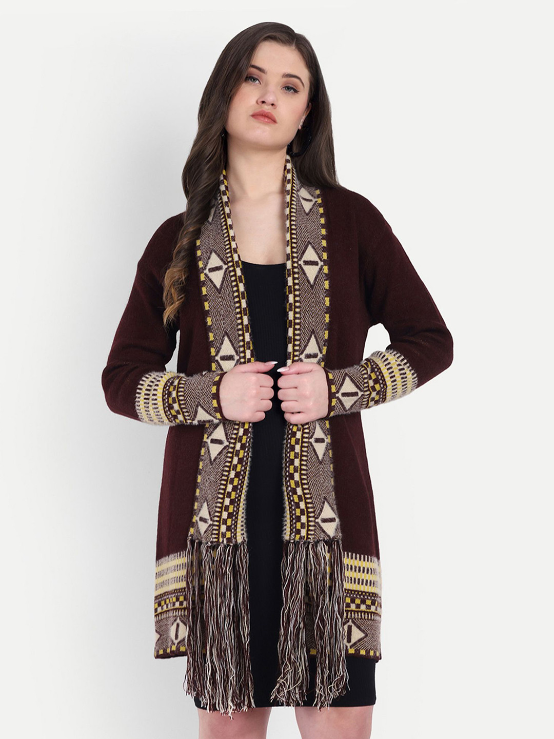 HAUTEMODA Geometric Woven Design Woollen Front Open Sweater Shrug