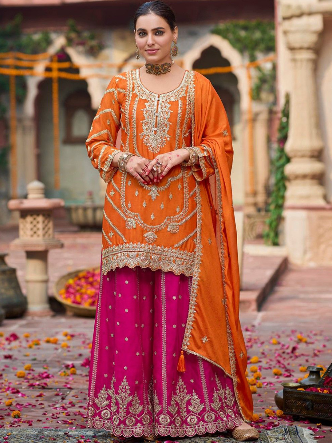 AUTUMN LANE Kanupriya Kesari Floral Embroidered Straight Kurti With Palazzos & Dupatta