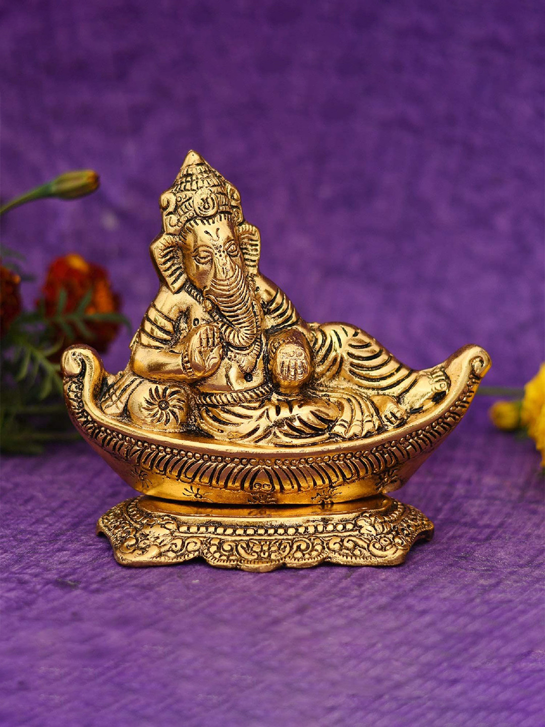 CRAFTAM Gold-Toned and Black Lord Ganesha Metal Religious Idol Showpiece