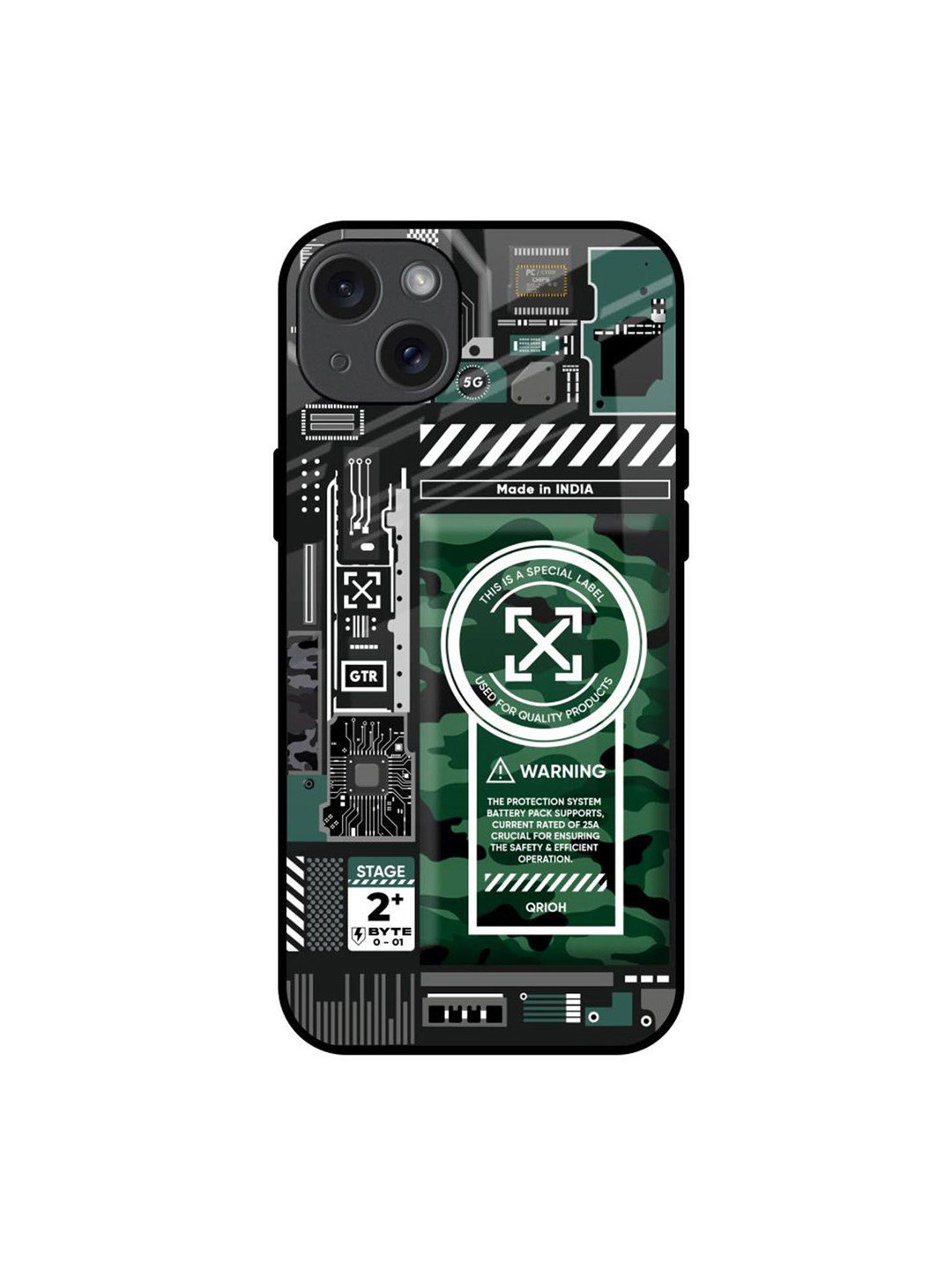 QRIOH Green Camo Circuit Printed iPhone 15 Plus Back Case