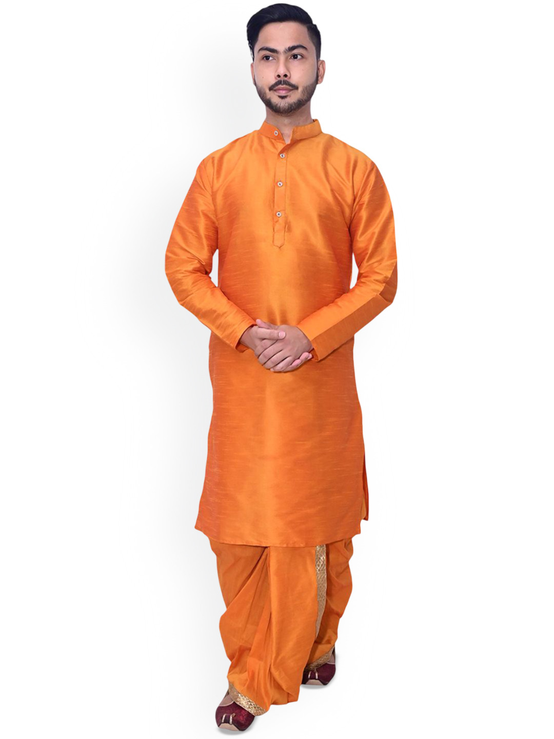 Om Shubh Mangalam Band Collar Dupion Silk Straight Kurta With Dhoti Pants