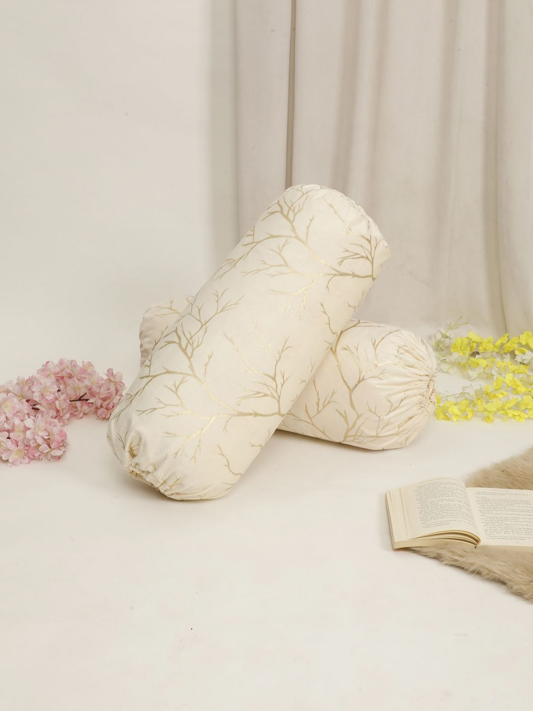 THE CONVERSION Cream 2 Pieces Self Design Printed Velvet Foil Work Bolster Covers