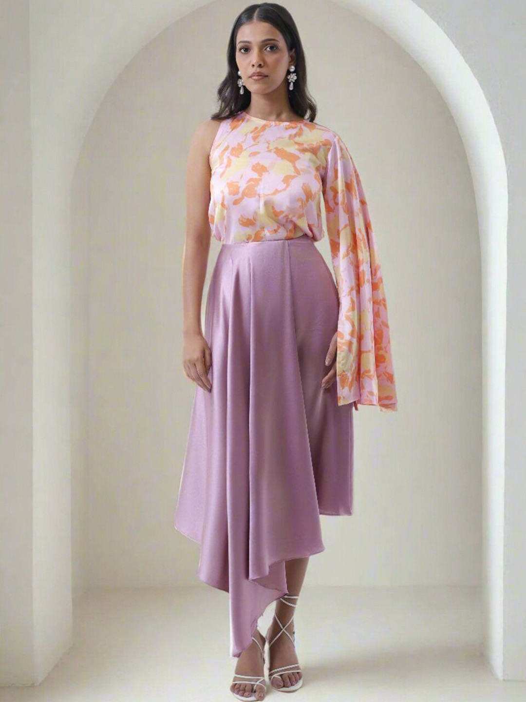 YA-SA Floral Printed Flair Sleeve Top With Draped Skirt