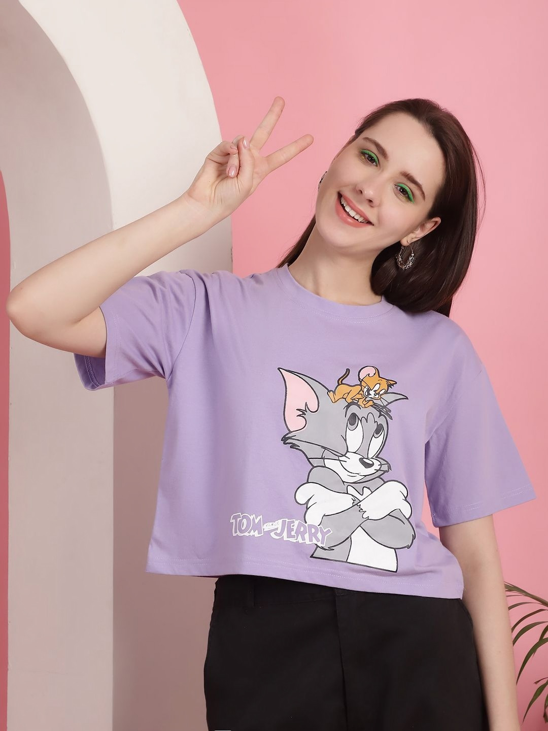 Dreambe Women Tom & Jerry Graphic Printed Round Neck Cotton Boxy T-shirt