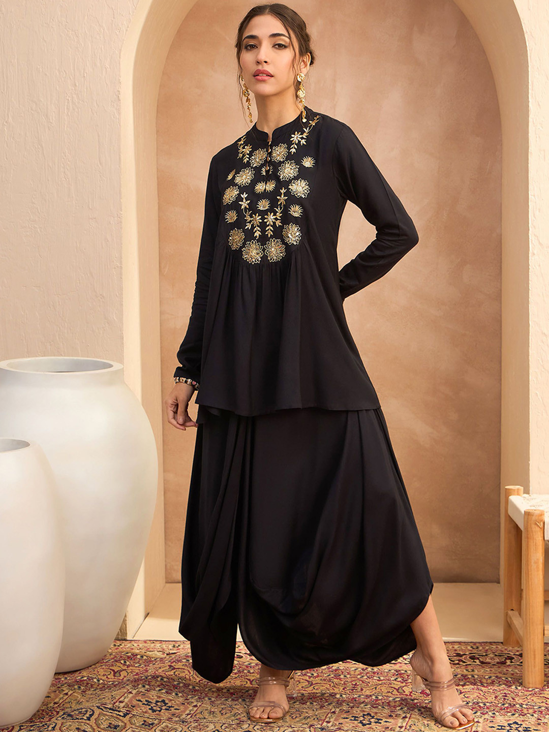 Shae by SASSAFRAS Floral Embroidered Sequinned A-Line Fusion Kurti with Dhoti Pant