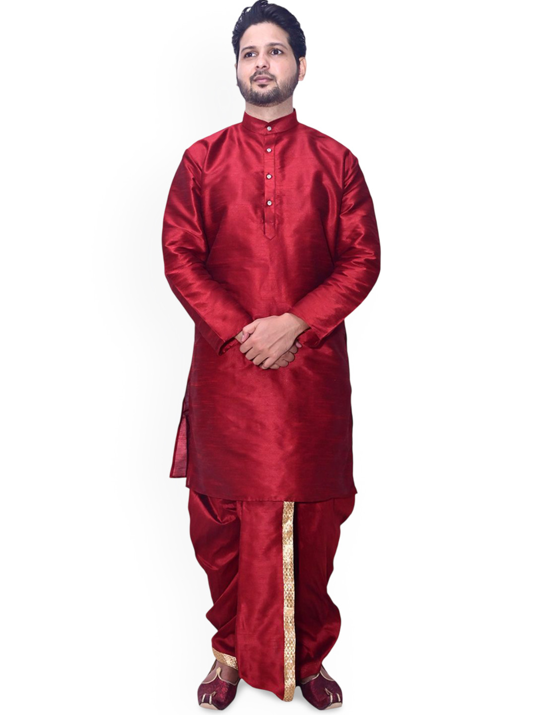 Om Shubh Mangalam Band Collar Dupion Silk Straight Kurta With Dhoti Pants