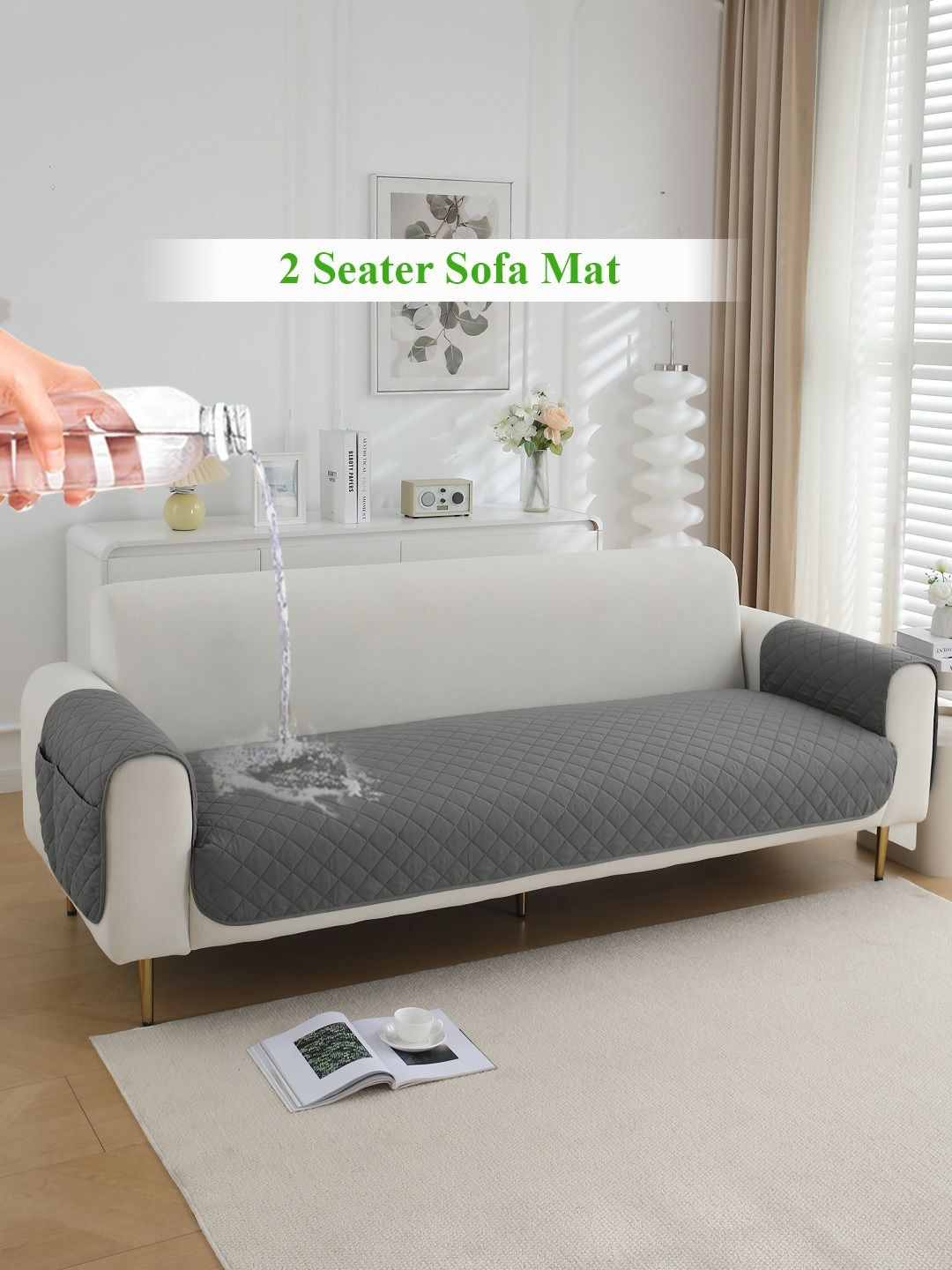 HOKIPO Grey Quilted Waterproof 2 Seater Sofa Seat Mat & 2 Armrest Covers with Pockets