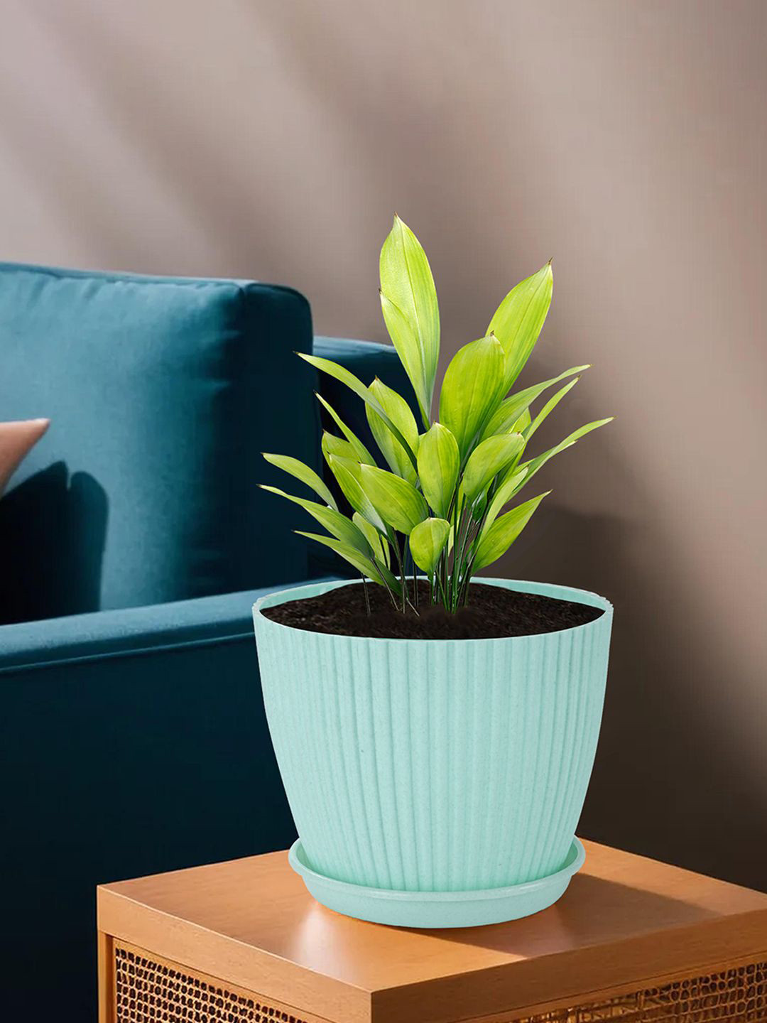 Kuber Industries Green 3 Pieces Textured Flower Pots with Tray