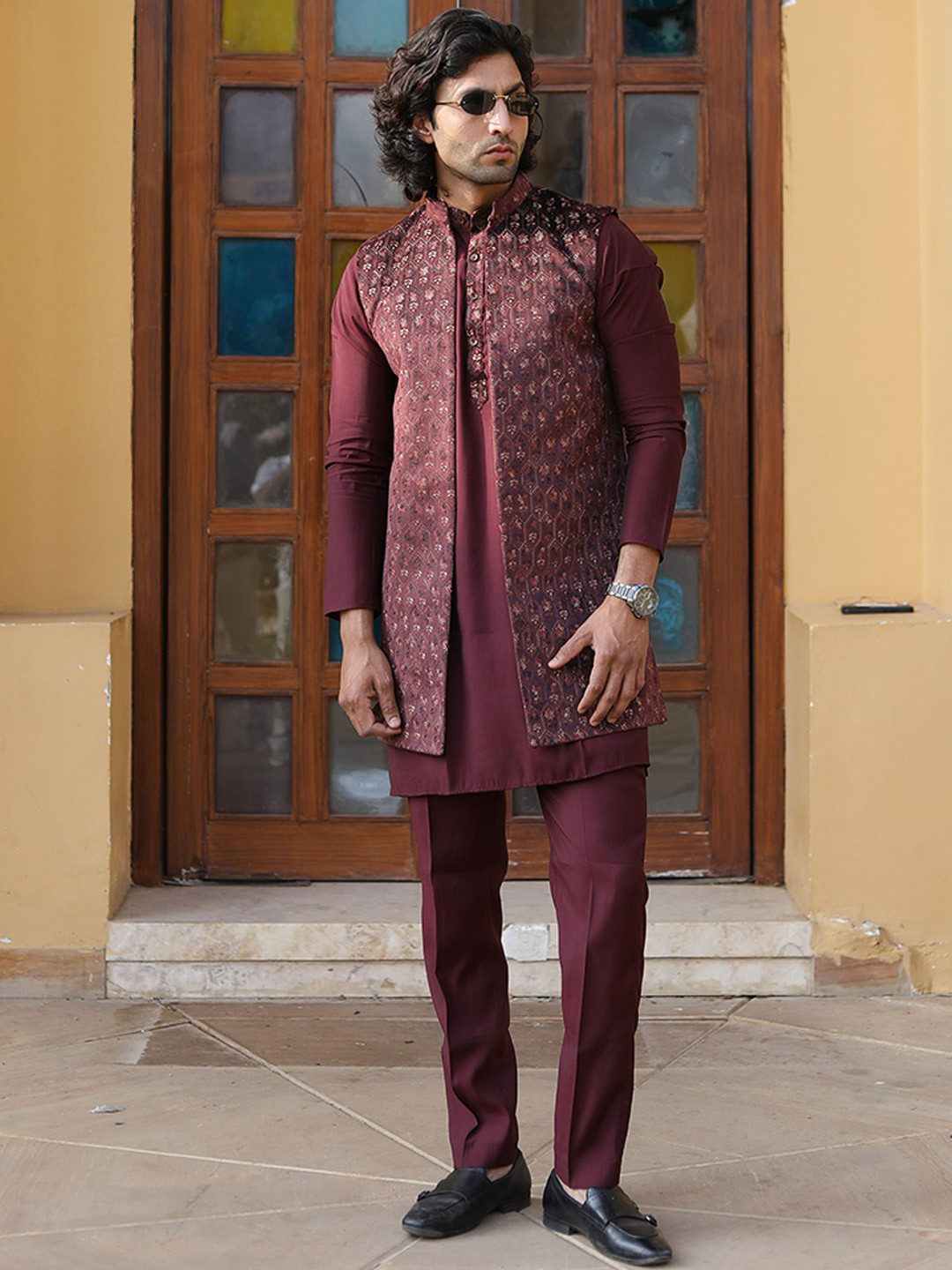 The Kurta Studio Floral Motif Velvet Band Collar Straight Kurta With Pyjamas & Long Jacket