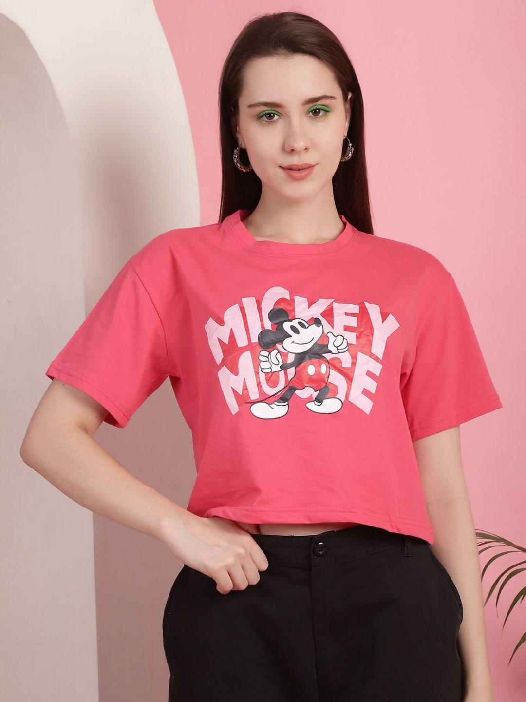 Dreambe Women Mickey & Friends Graphic Printed Round Neck Cotton Boxy T-shirt