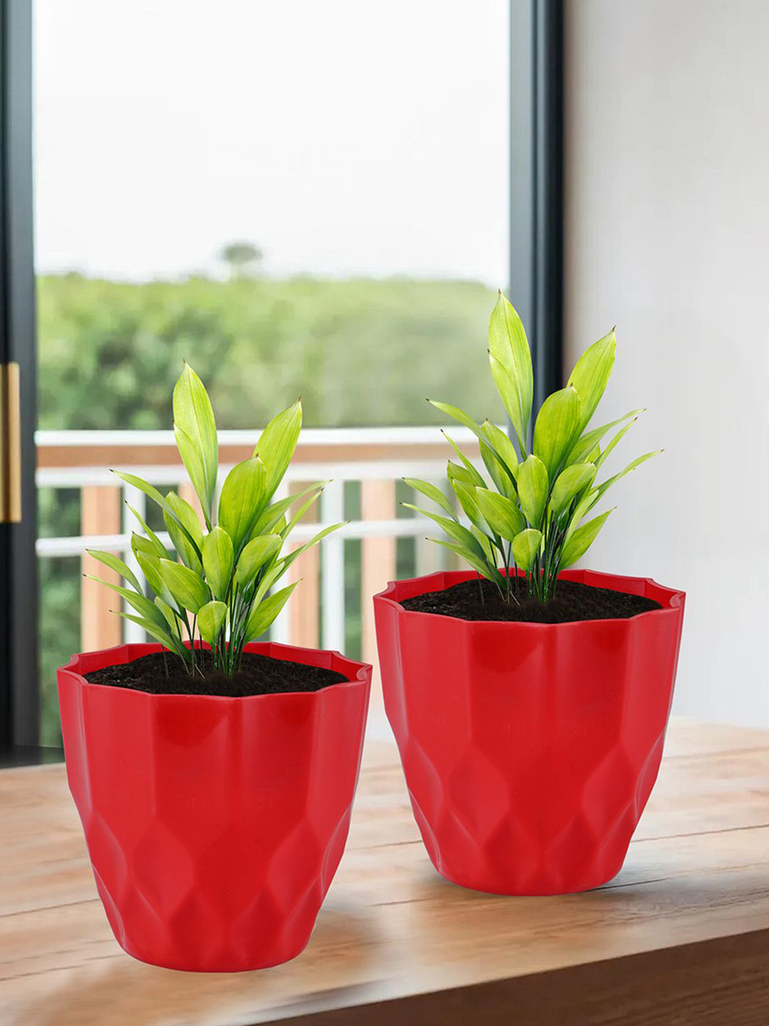 Kuber Industries Red 2 Pieces Barfi Pattern Flower Pots for Garden
