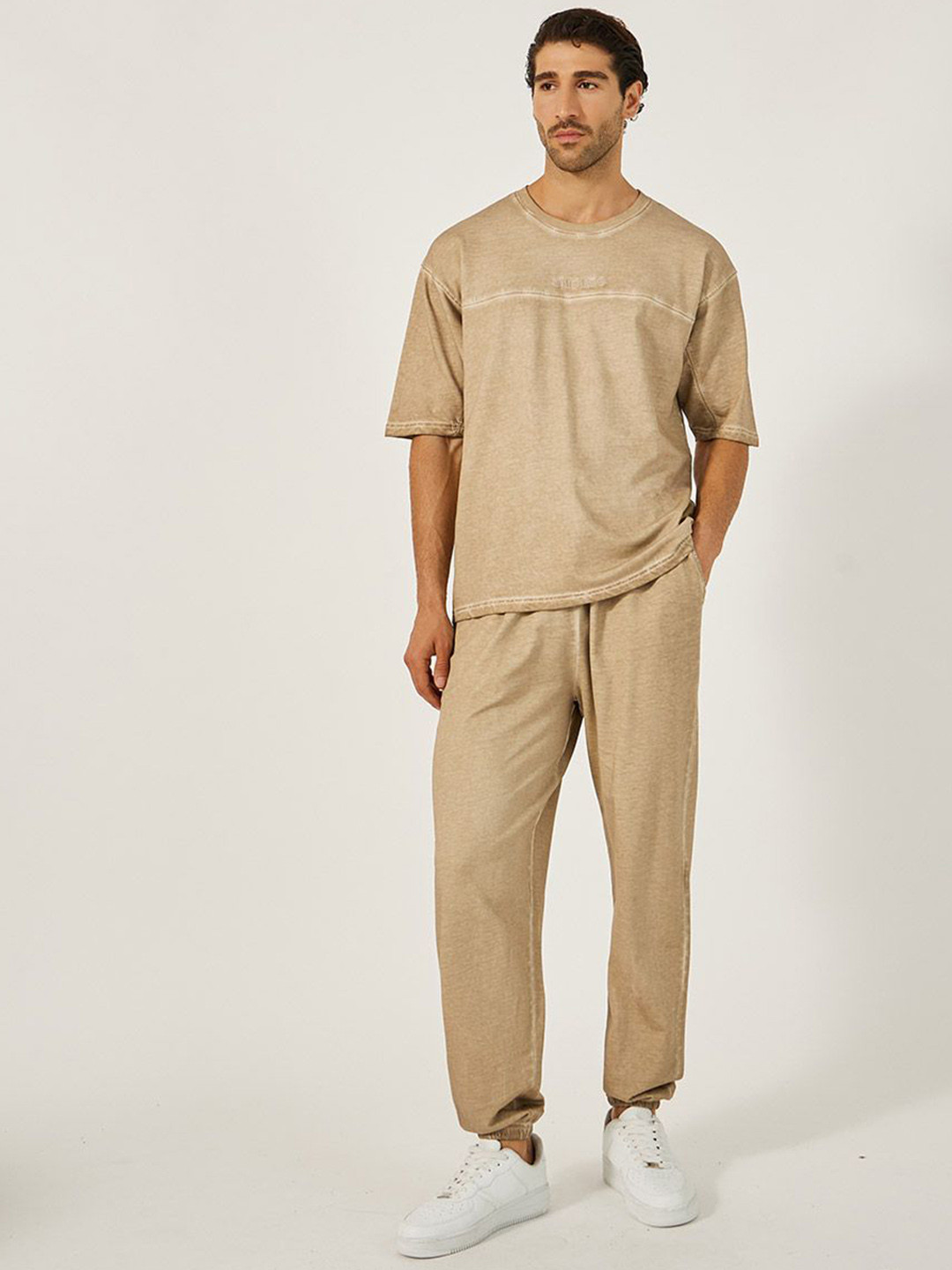 Styli Pure Cotton Acid Washed Boxy Fit Tee and Oversize Jogger Co-ords with embroidery