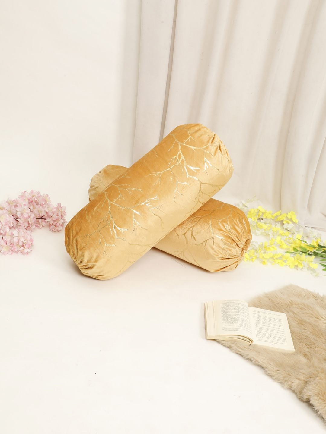 THE CONVERSION Yellow 2 Pieces Self Design Printed Velvet Foil Work Bolster Covers