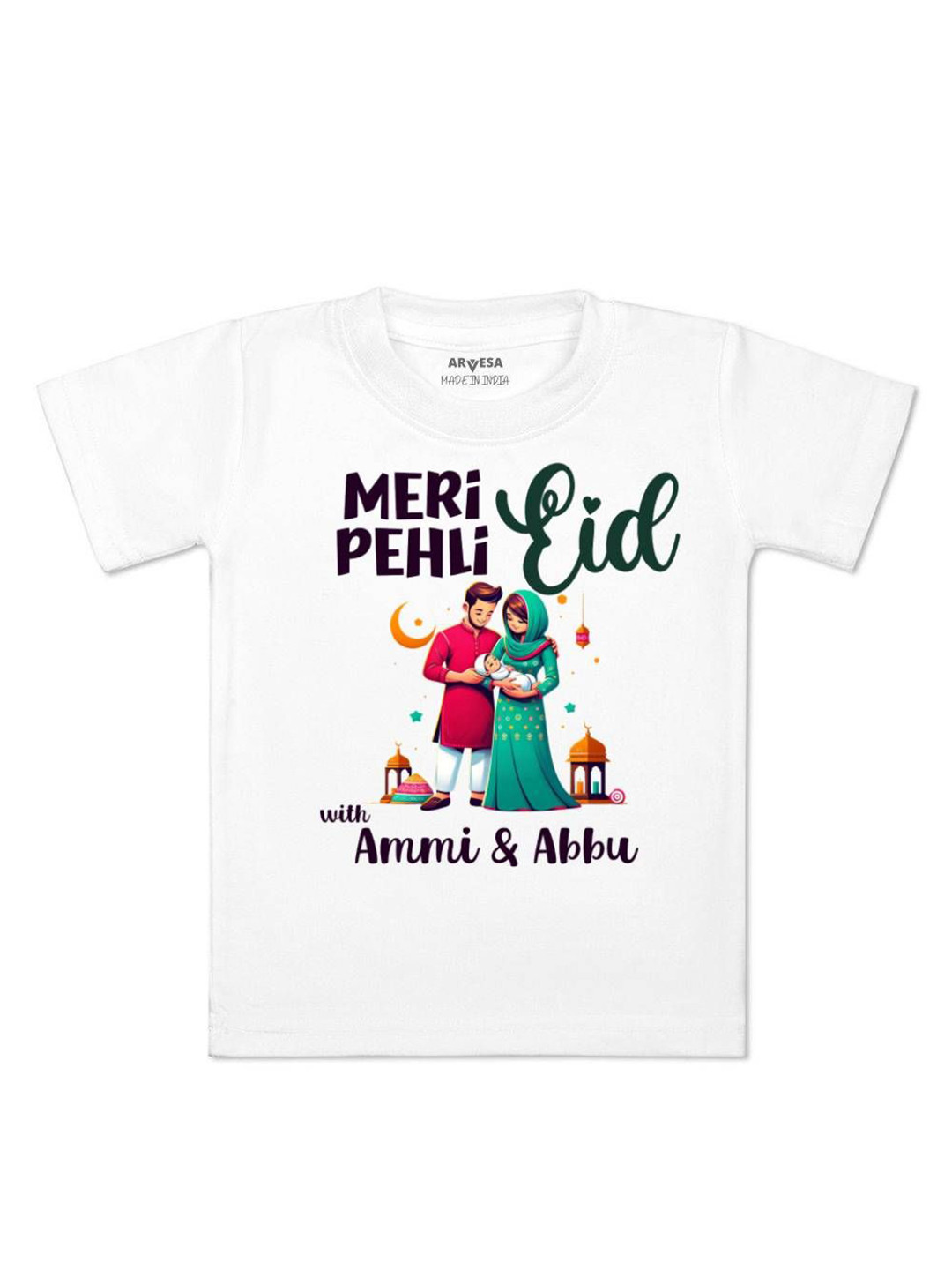 Arvesa Meri Pehli Eid With Ammi & Abbu Printed Regular Fit Tshirt