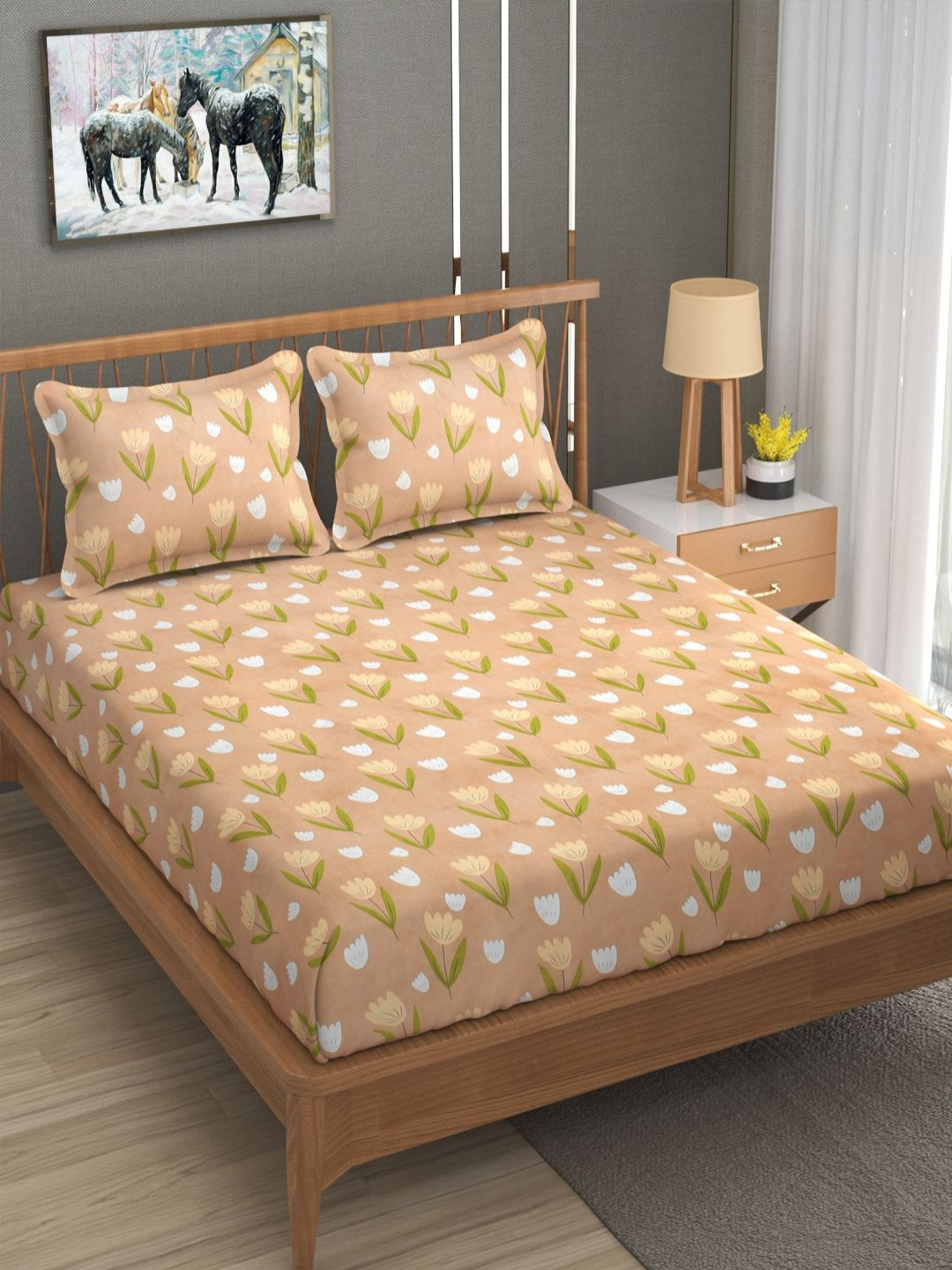 AVI Printed Signature Beige Floral Polycotton 180 TC Double Fine Bedsheet with 2 Pillow Covers-60 x 90 inches