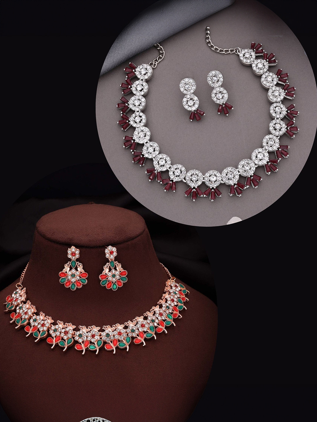 DIVASTRI Set Of 2 Rose Gold And Sliver-Plated American Diamond-Studded Jewellery Set