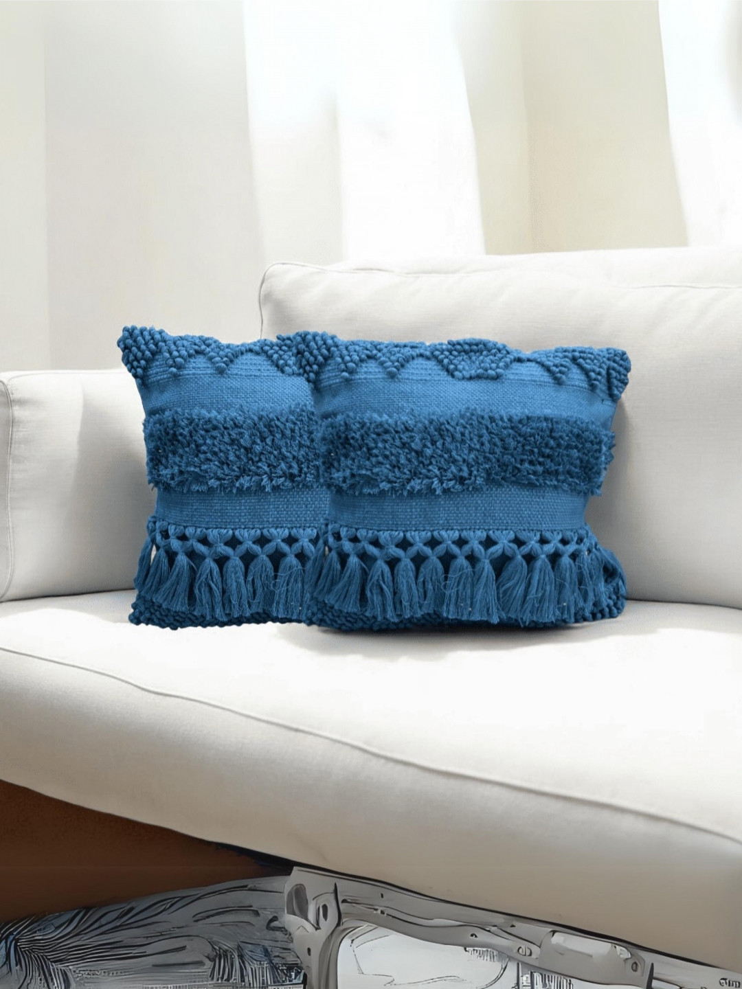 LUSHLYF Azure Bliss Tufted Blue 2 Pieces Geometric Textured Cotton Square Cushion Covers