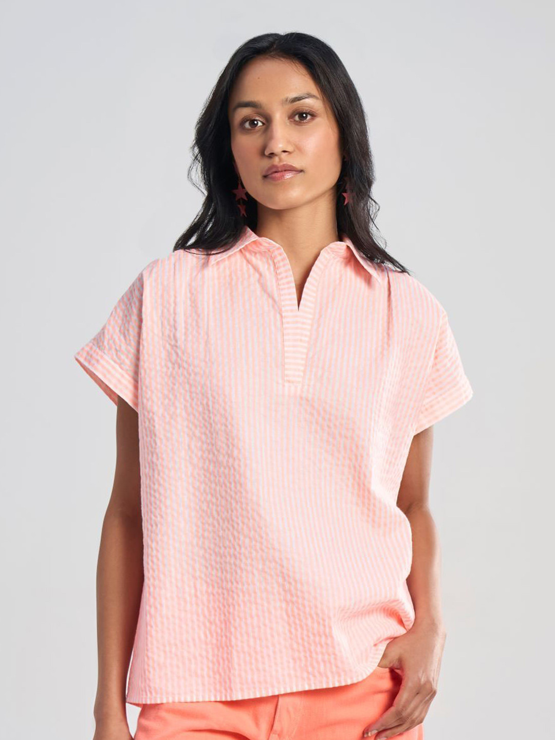 Terra Luna Women Vertical Stripes Striped Pure Cotton Shirt Style Top